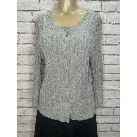 Talbots Womens Silver Cable Knit Button Front Long Sleeve Cardigan Sweater XL - Picture 1 of 7